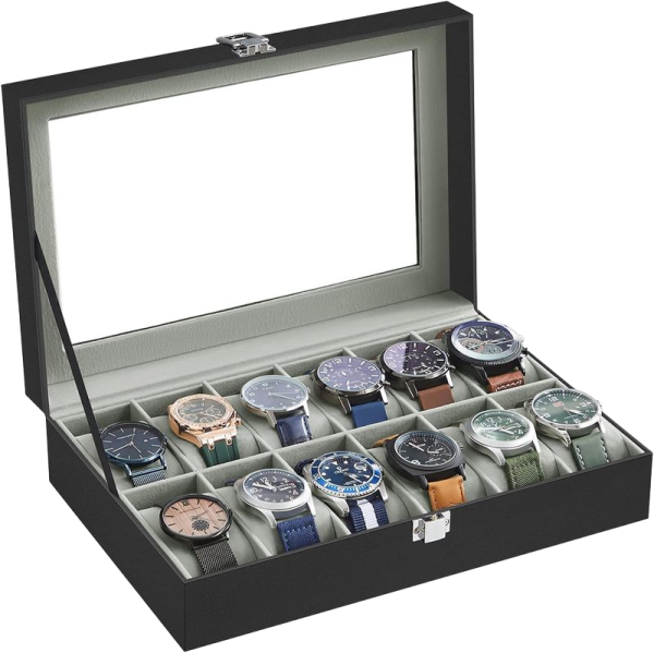12 Slots Large Men's Watch Box Organizer PU Leather Display Case Holder
