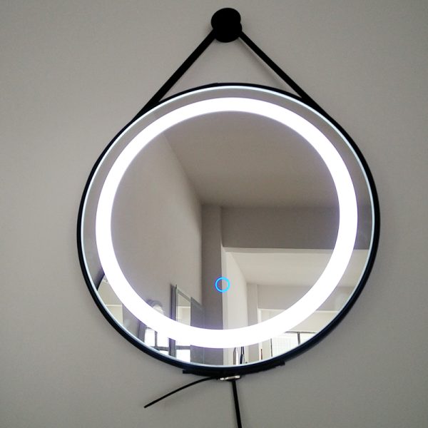 Black Leather Framed round Vanity Mirror Smart Touch