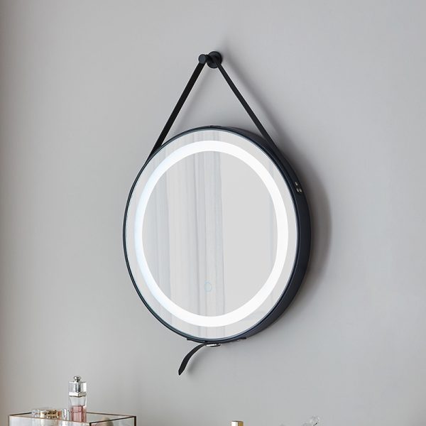 Black Leather Framed round Vanity Mirror Smart Touch - Image 2